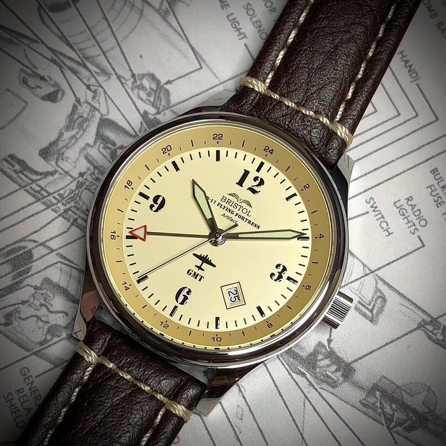 B-17 Tribute - Polished Finish, Beige Dial, Stainless Steel, Brown Leather Band with Stitching - Paranoid Ranch