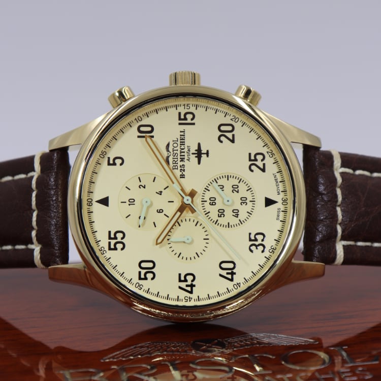 B-25 Mitchell Tribute - Gold Finish, Beige Dial, Brown Leather Band with Stitching - Paranoid Ranch