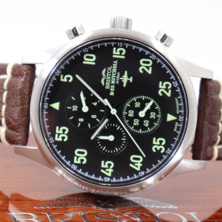B-25 Mitchell Tribute - Stainless Steel, Brush Finish, Black Dial, Brown Leather Stitched Band - Paranoid Ranch