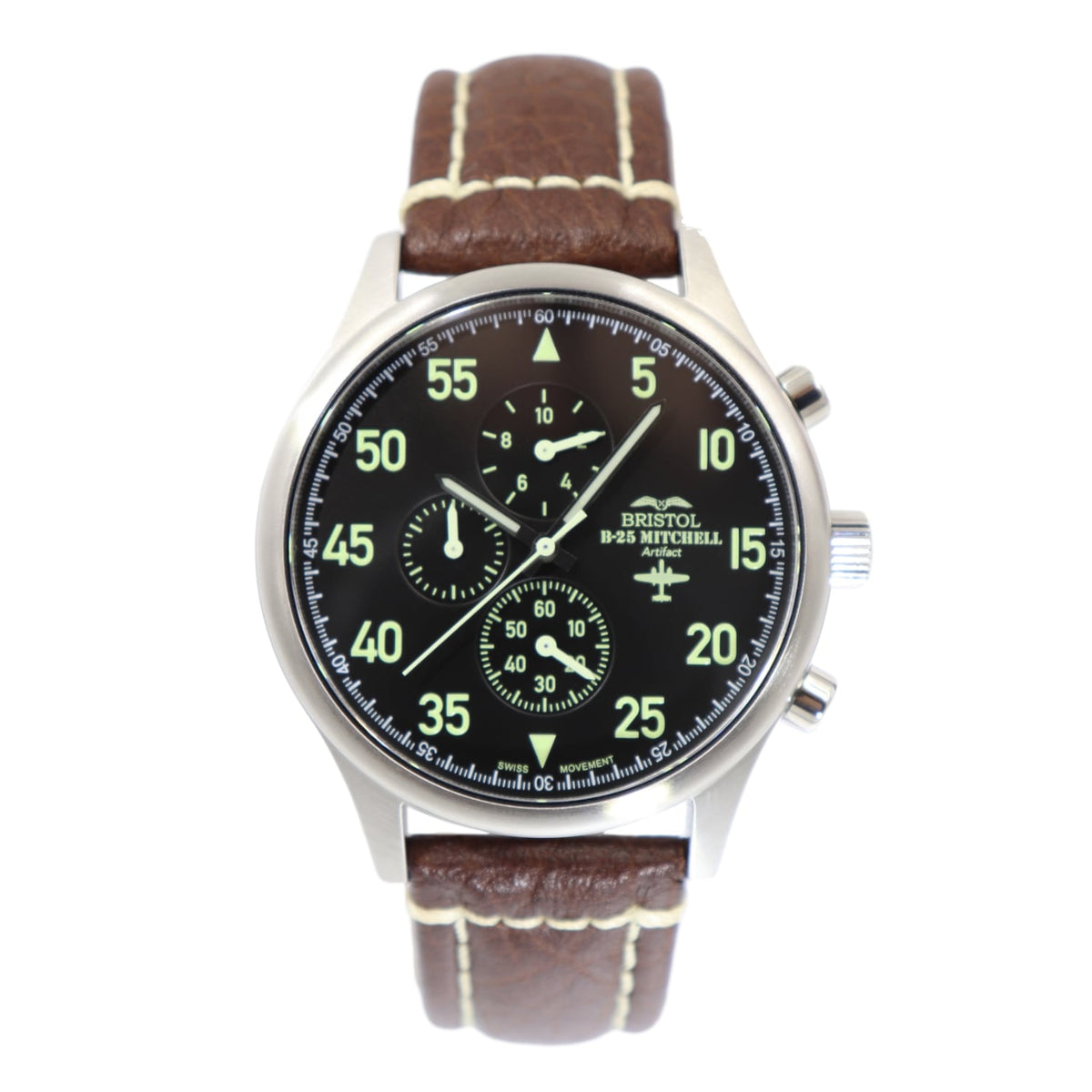 B-25 Mitchell Tribute - Stainless Steel, Brush Finish, Black Dial, Brown Leather Stitched Band - Paranoid Ranch