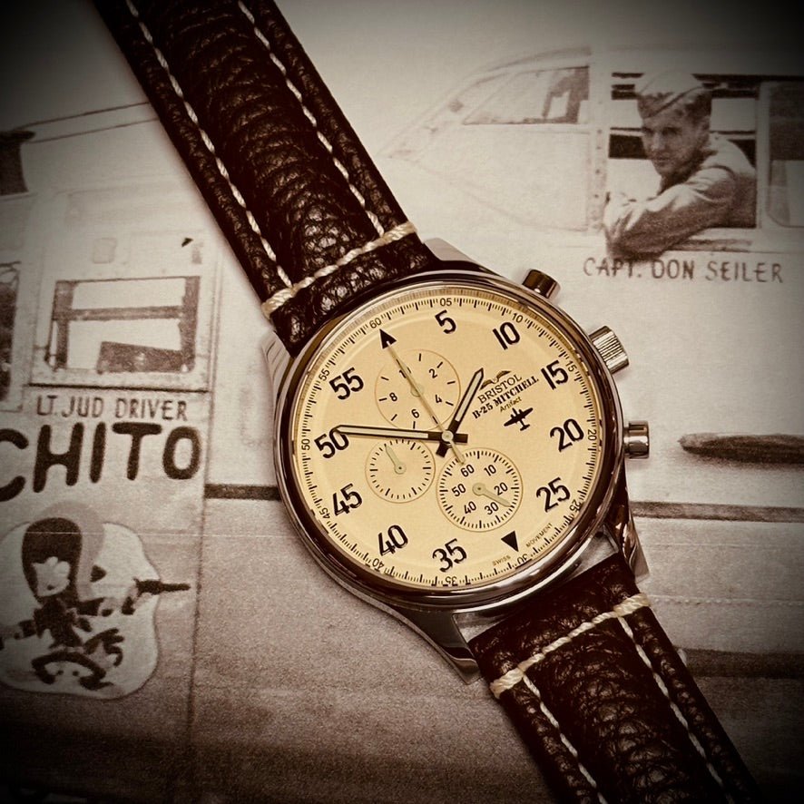 B-25 Mitchell Tribute - Stainless Steel, Polished Finish, Beige Dial, Brown Leather Band with Stitching - Paranoid Ranch