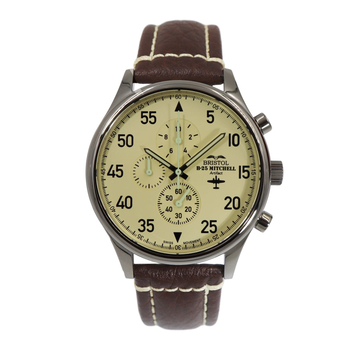 B-25 Mitchell Tribute - Stainless Steel, Polished Finish, Beige Dial, Brown Leather Band with Stitching - Paranoid Ranch