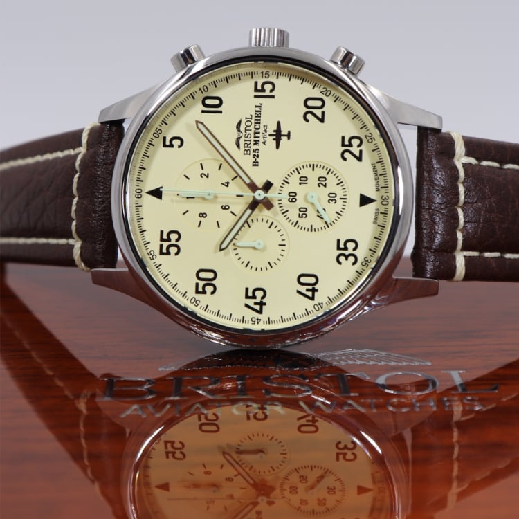 B-25 Mitchell Tribute - Stainless Steel, Polished Finish, Beige Dial, Brown Leather Band with Stitching - Paranoid Ranch