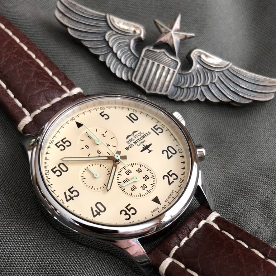 B-25 Mitchell Tribute - Stainless Steel, Polished Finish, Beige Dial, Brown Leather Band with Stitching - Paranoid Ranch