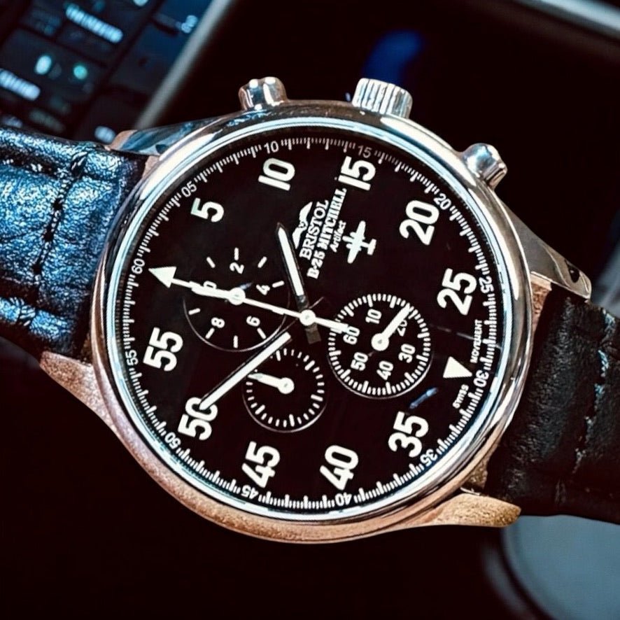 B-25 Mitchell Tribute - Stainless Steel, Polished Finish, Black Leather Band - Paranoid Ranch