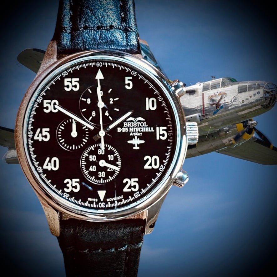 B-25 Mitchell Tribute - Stainless Steel, Polished Finish, Black Leather Band - Paranoid Ranch