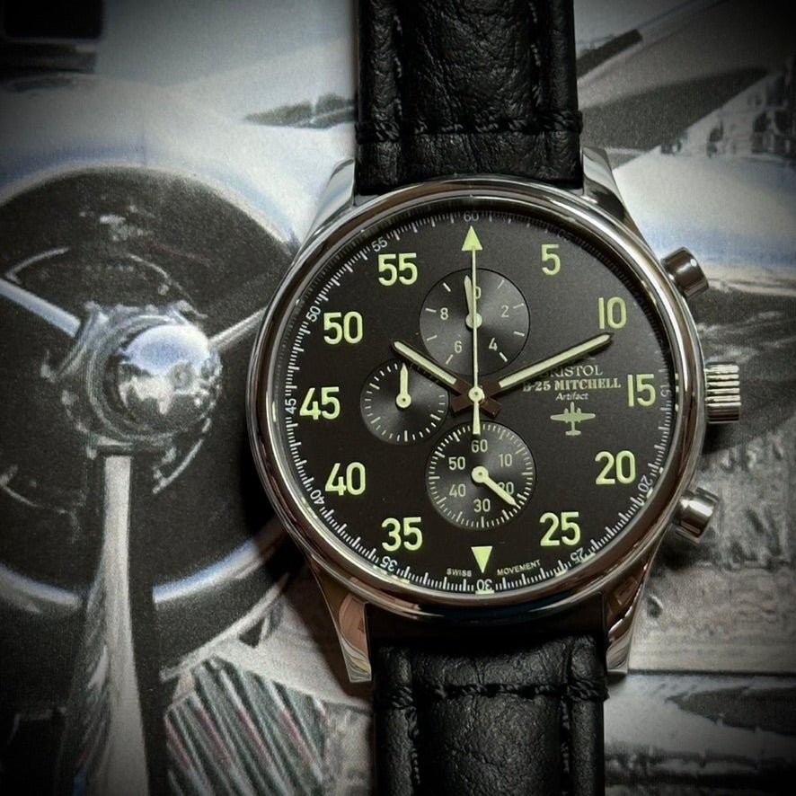 B-25 Mitchell Tribute - Stainless Steel, Polished Finish, Black Leather Band - Paranoid Ranch
