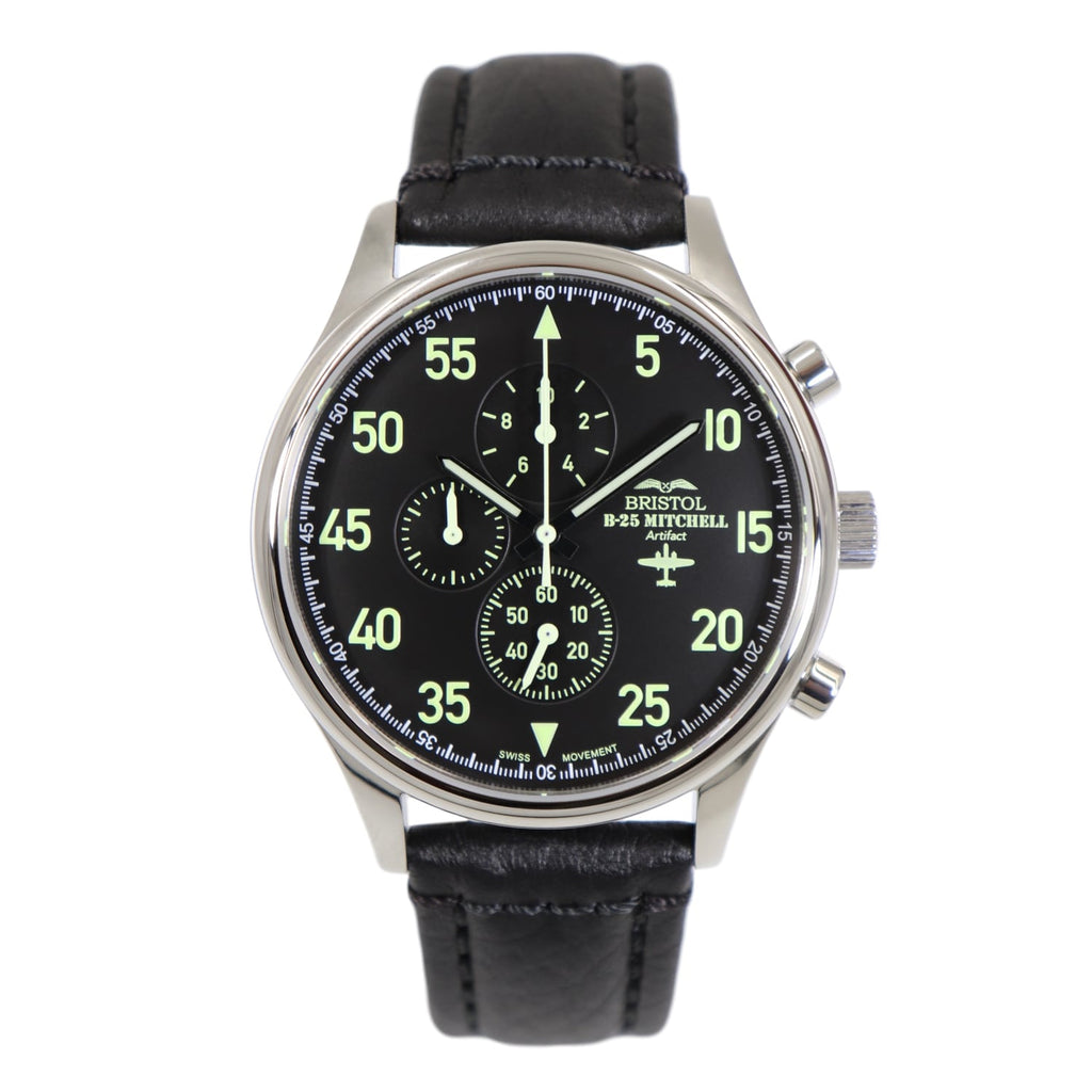 B-25 Mitchell Tribute - Stainless Steel, Polished Finish, Black Leather Band - Paranoid Ranch
