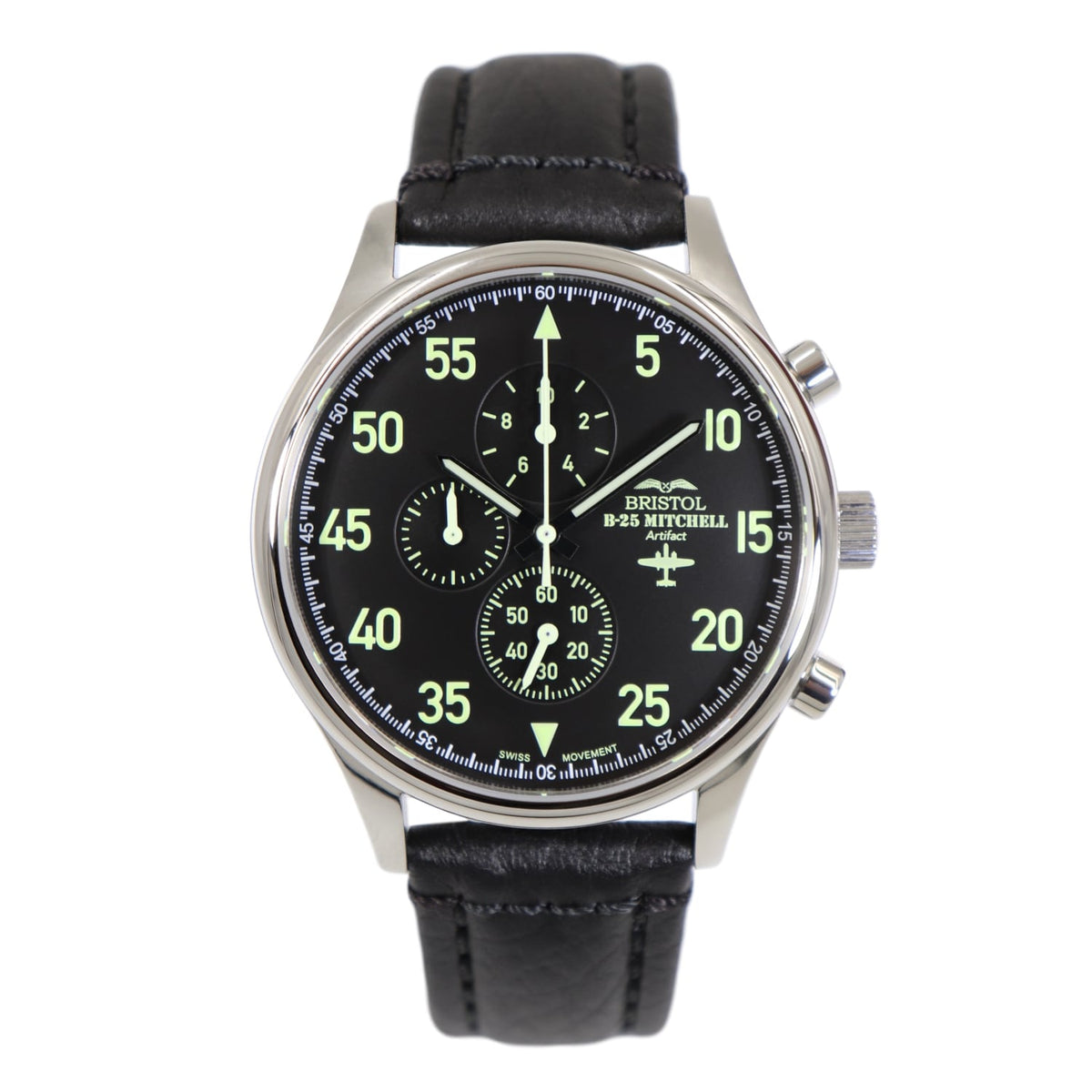 B-25 Mitchell Tribute - Stainless Steel, Polished Finish, Black Leather Band - Paranoid Ranch