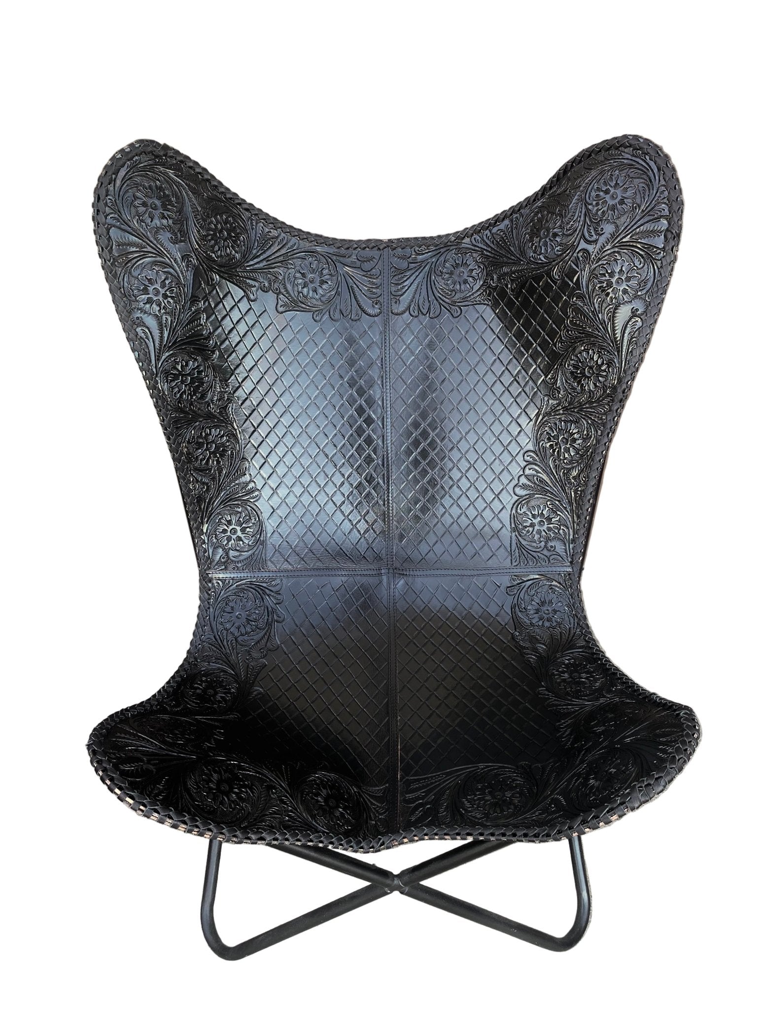 Black Tooled Leather Butterfly Chair - Paranoid Ranch