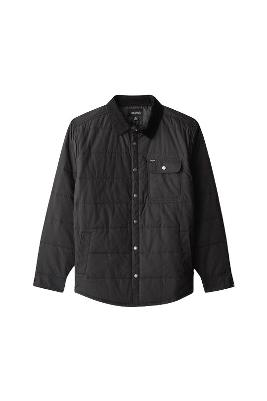 Brixton Cass Jacket black puffer with full zip and leather chest patch.