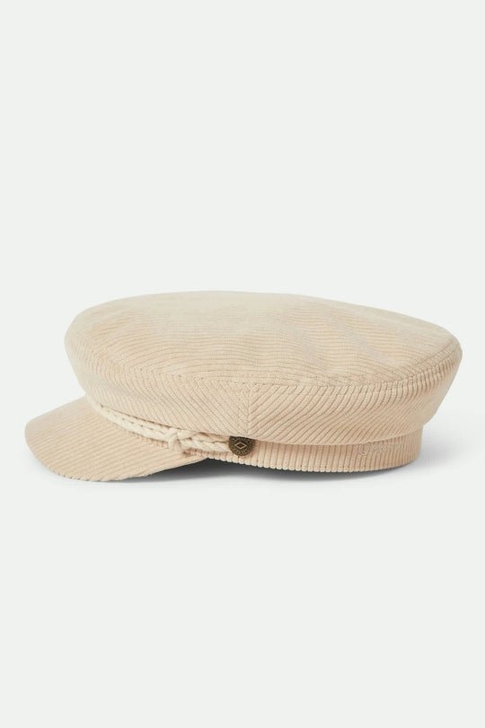 Side view of Brixton Fiddler Fisherman Cap showing twisted cord detail and Brixton side button.