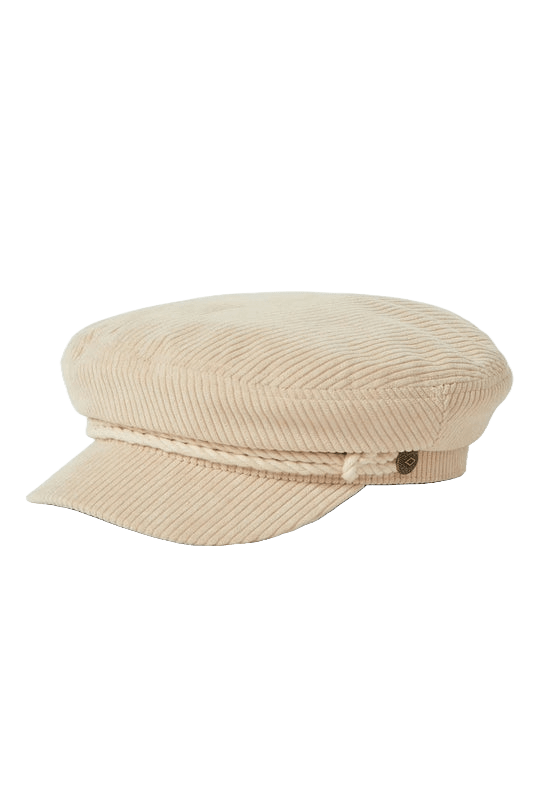 Brixton Fiddler Fisherman Cap — white corduroy short brim hat with twisted cord band and side buttons.