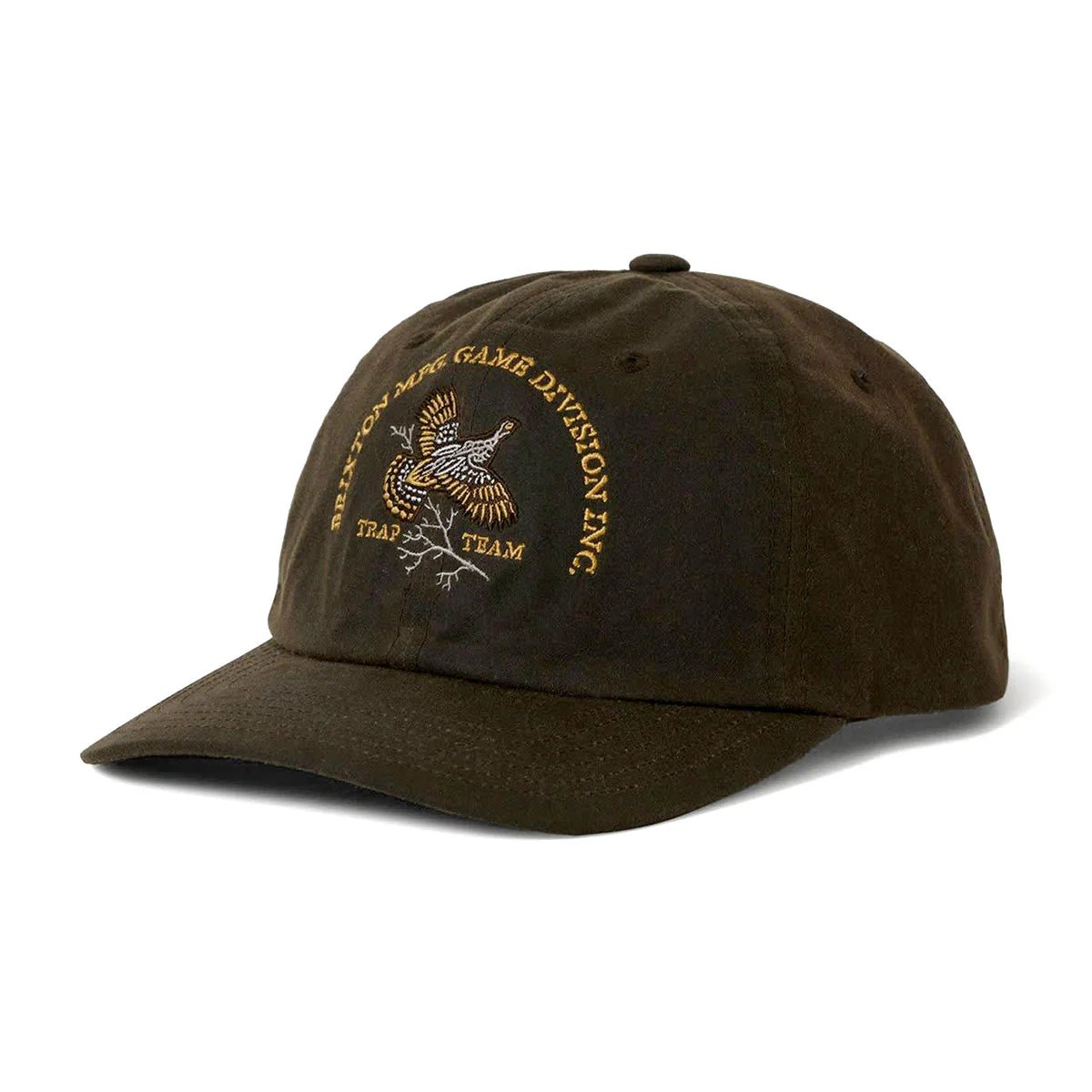 Brixton Game Weather Cloth Netplus Hat — moss green 6-panel cap with wild game embroidery and curved bill.