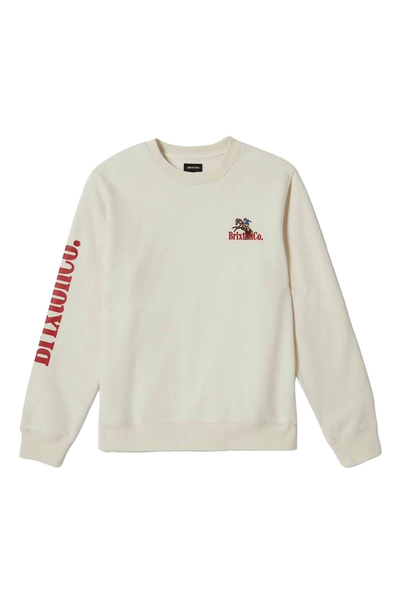 Brixton Inwood Crew pullover sweatshirt laid flat, 77% cotton 23% recycled polyester fleece with modern sleeve print.