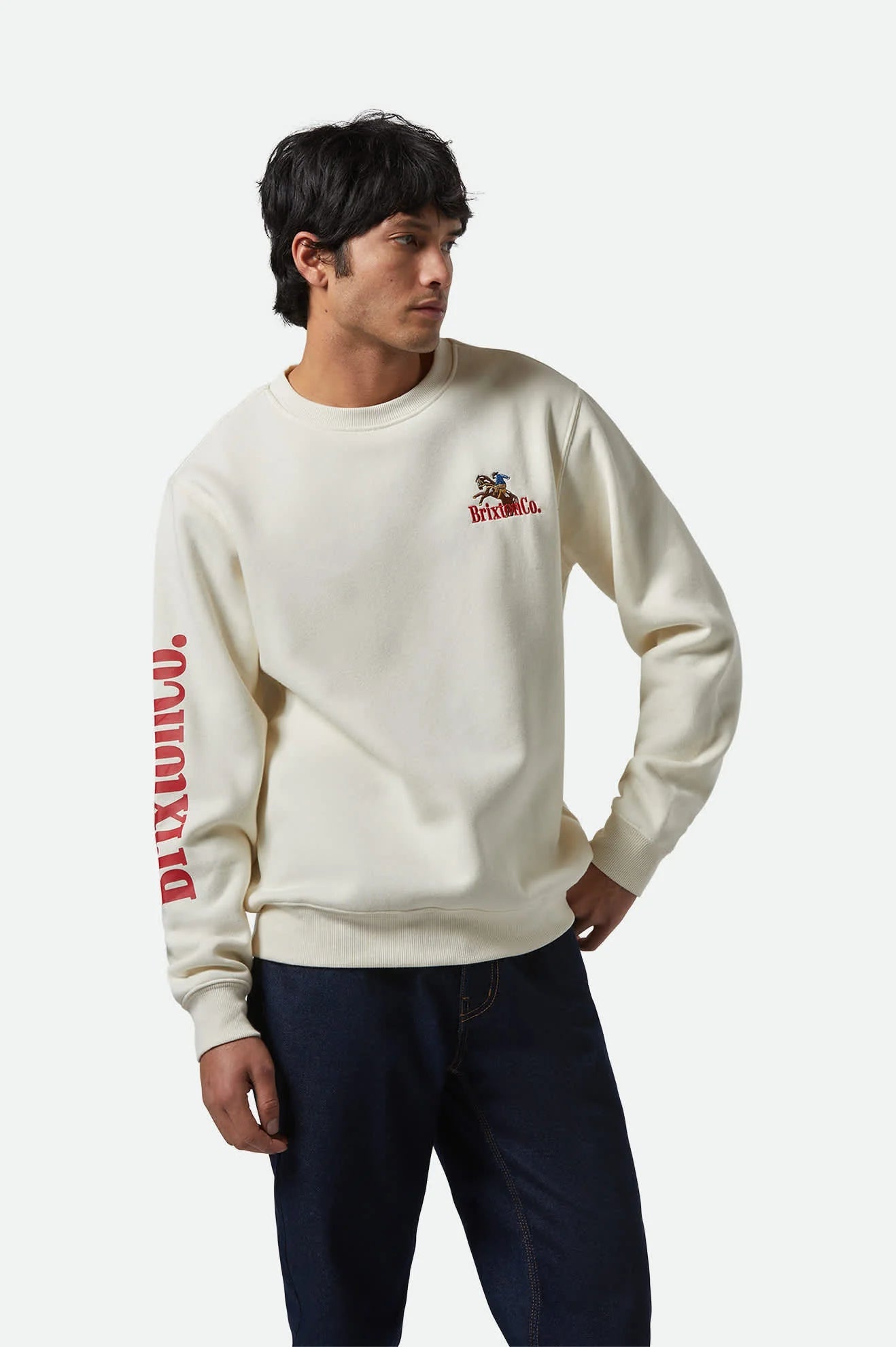 Brixton Inwood Crew sweatshirt in medium-weight recycled fleece, with inset sleeves, left chest embroidery, and bold sleeve print.