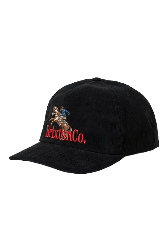 Front view of Brixton Inwood Snapback in black cotton corduroy with cowboy and Brixton logo embroidery.