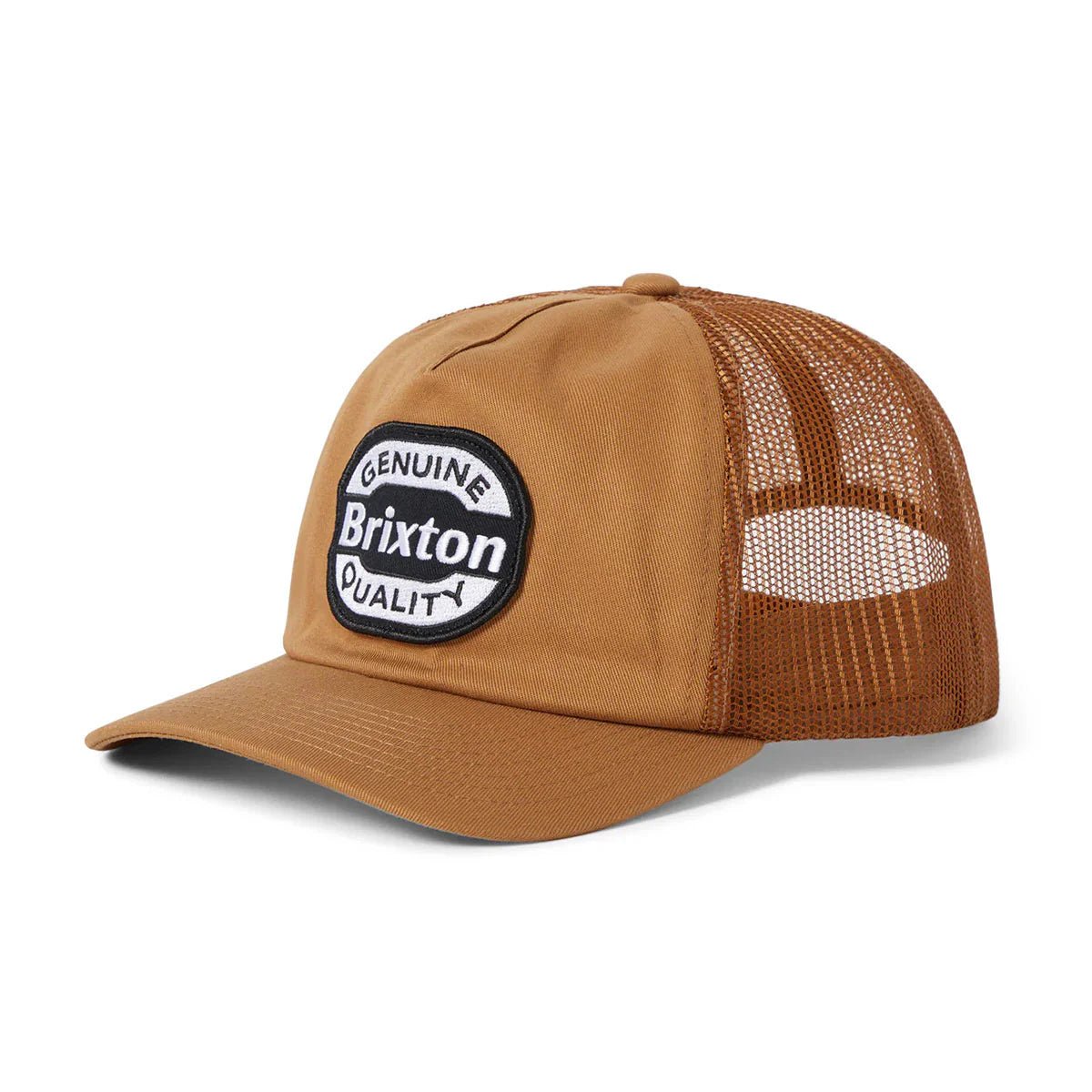 “Brixton Classic Trucker Hat — medium-profile cotton twill cap with embroidered patch and NetPlus recycled visor.”