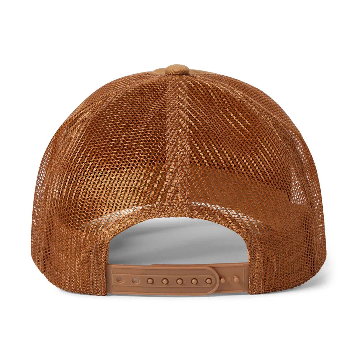 Back view of washed copper Brixton Classic Trucker Hat with adjustable self-fabric closure for customizable fit.