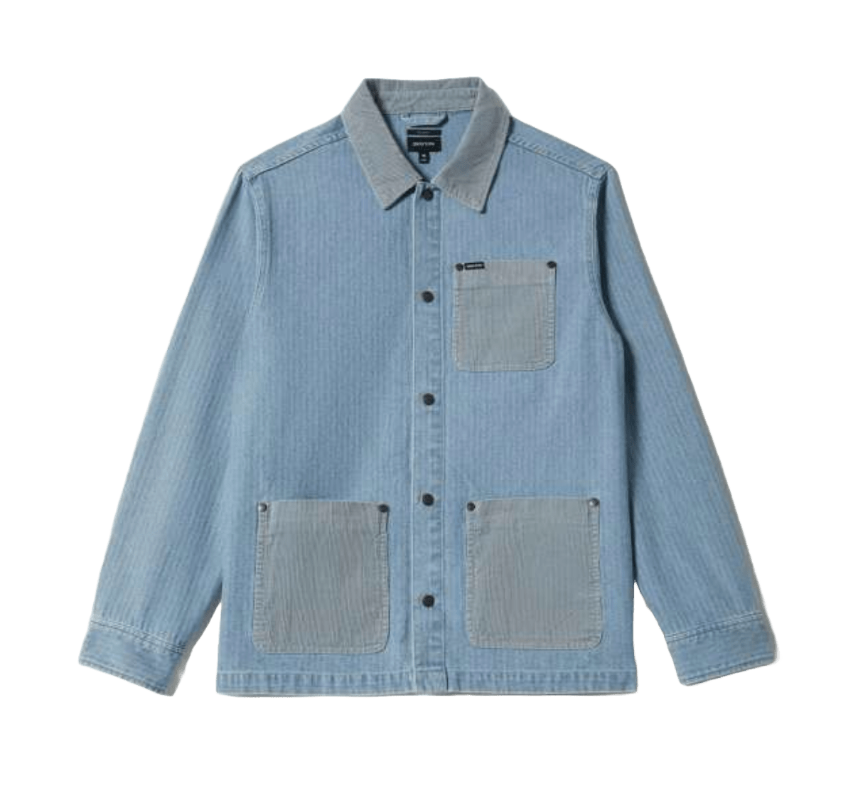 Brixton Herringbone Chore Jacket folded flat, featuring herringbone cotton fabric, corduroy patch pockets, and button-front closure.