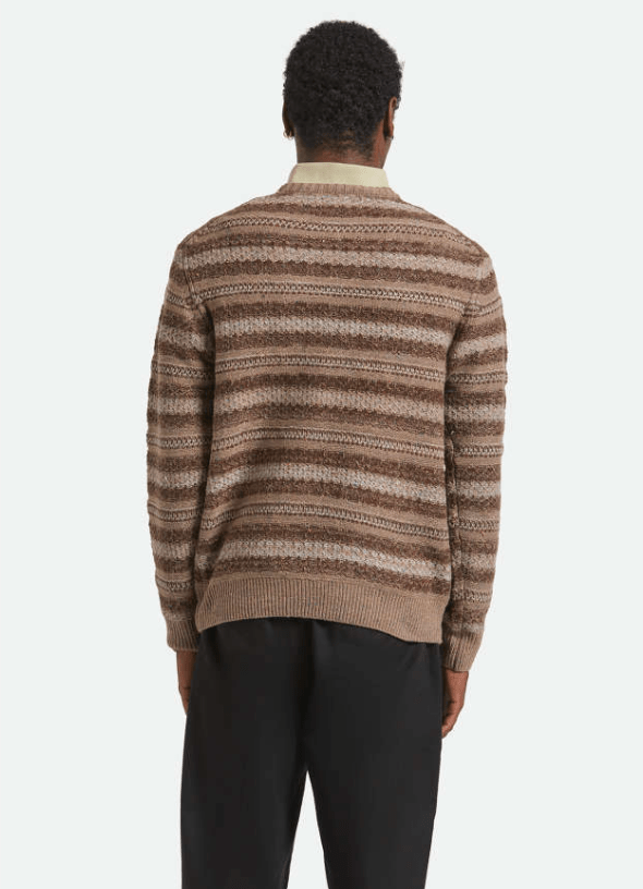 Back view of Brixton Midnight Crew Sweater, relaxed fit crew neck sweater with striped knit design.