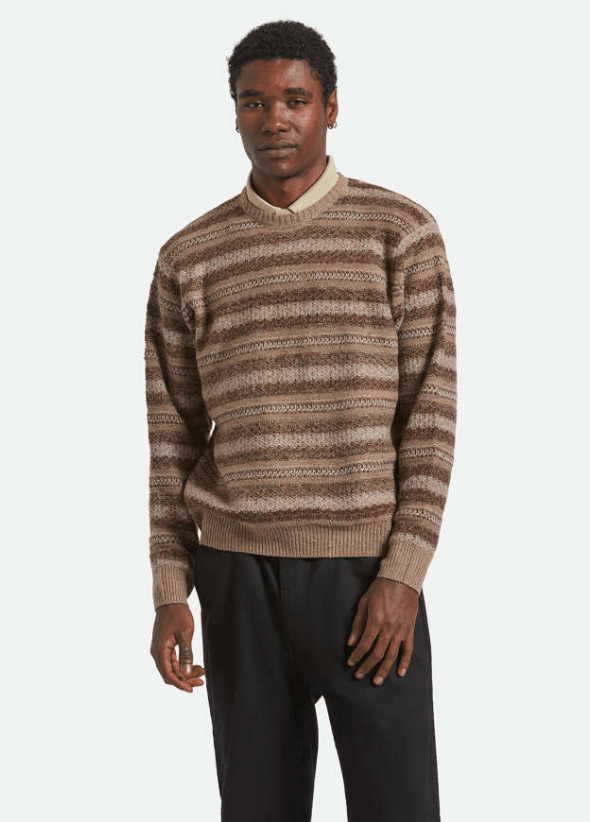 Brixton Midnight Crew Sweater in multi neutral stripe, men’s casual knit sweater with crew neck.