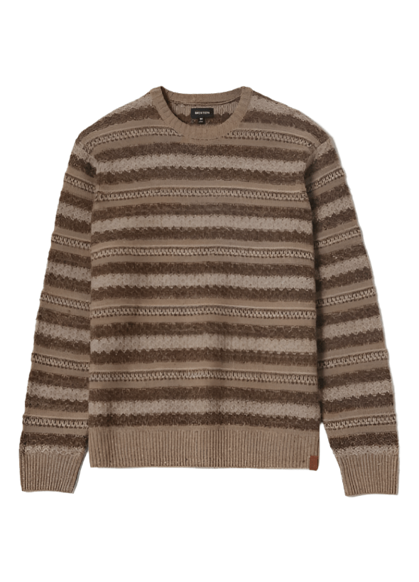 Brixton Midnight Crew Sweater folded flat, multi neutral stripe design with classic crew neckline.