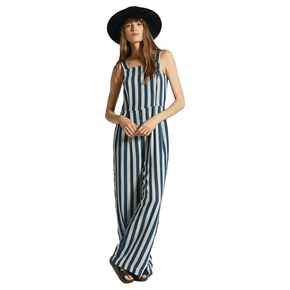 Women’s Mykonos Stripe Jumpsuit with adjustable spaghetti straps, elastic back, and vertical cotton stripes for a summer-ready look.
