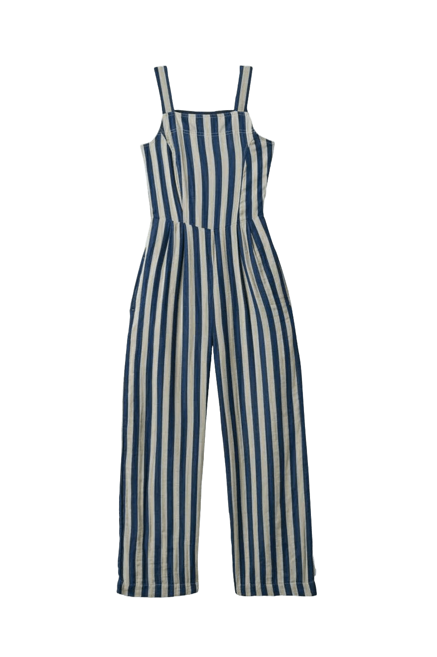 Mykonos Stripe Jumpsuit laid flat, 100% cotton yarn-dyed fabric with vertical stripes and adjustable straps.
