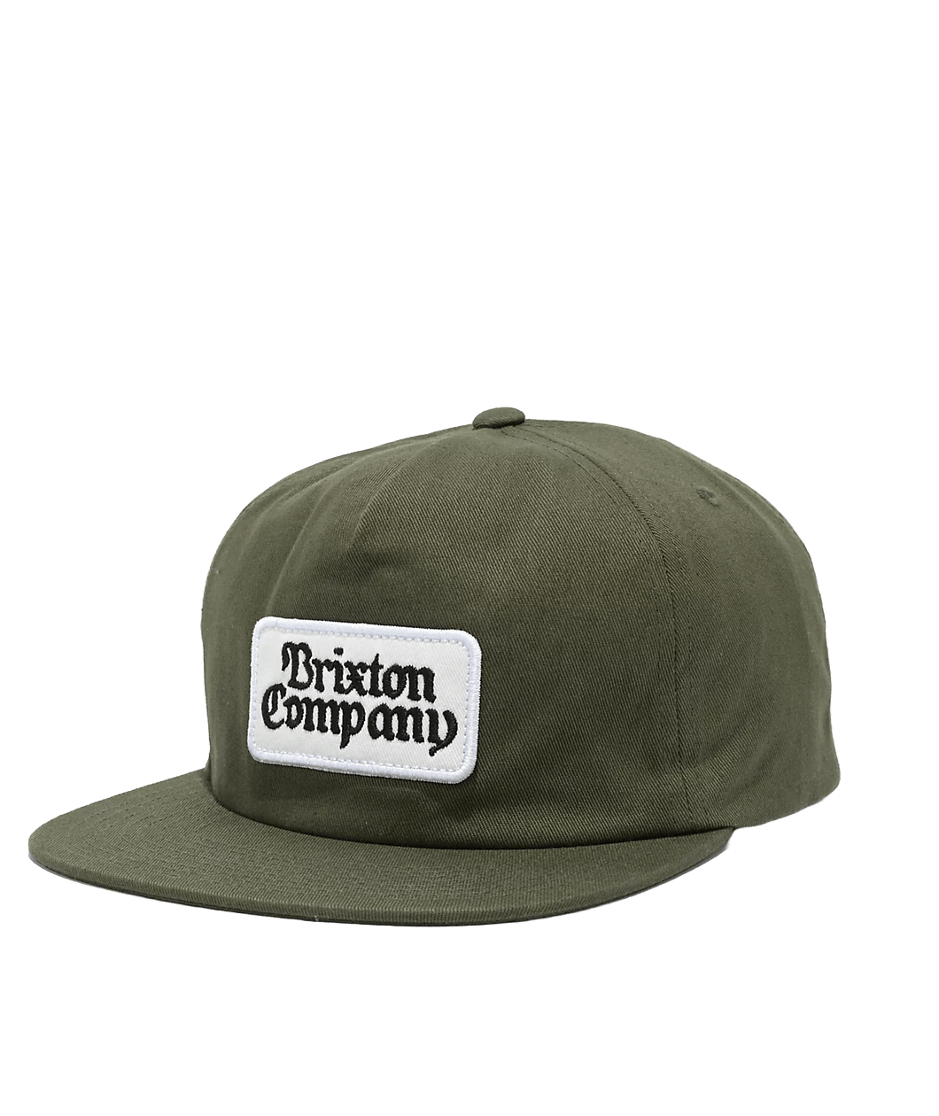 Brixton Norvell Green Snapback Hat — 100% cotton 5-panel hat with flat bill, embroidered patch, eyelets, and adjustable snapback for classic street style.