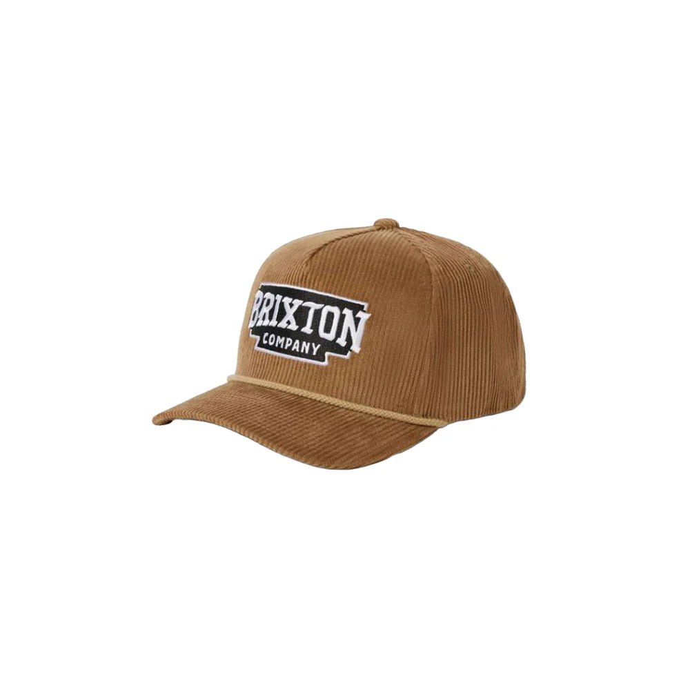 Brixton Pierson Netplus Snapback in sand corduroy, 5-panel hat with rope brim and eco-friendly Bureo Netplus® visor.