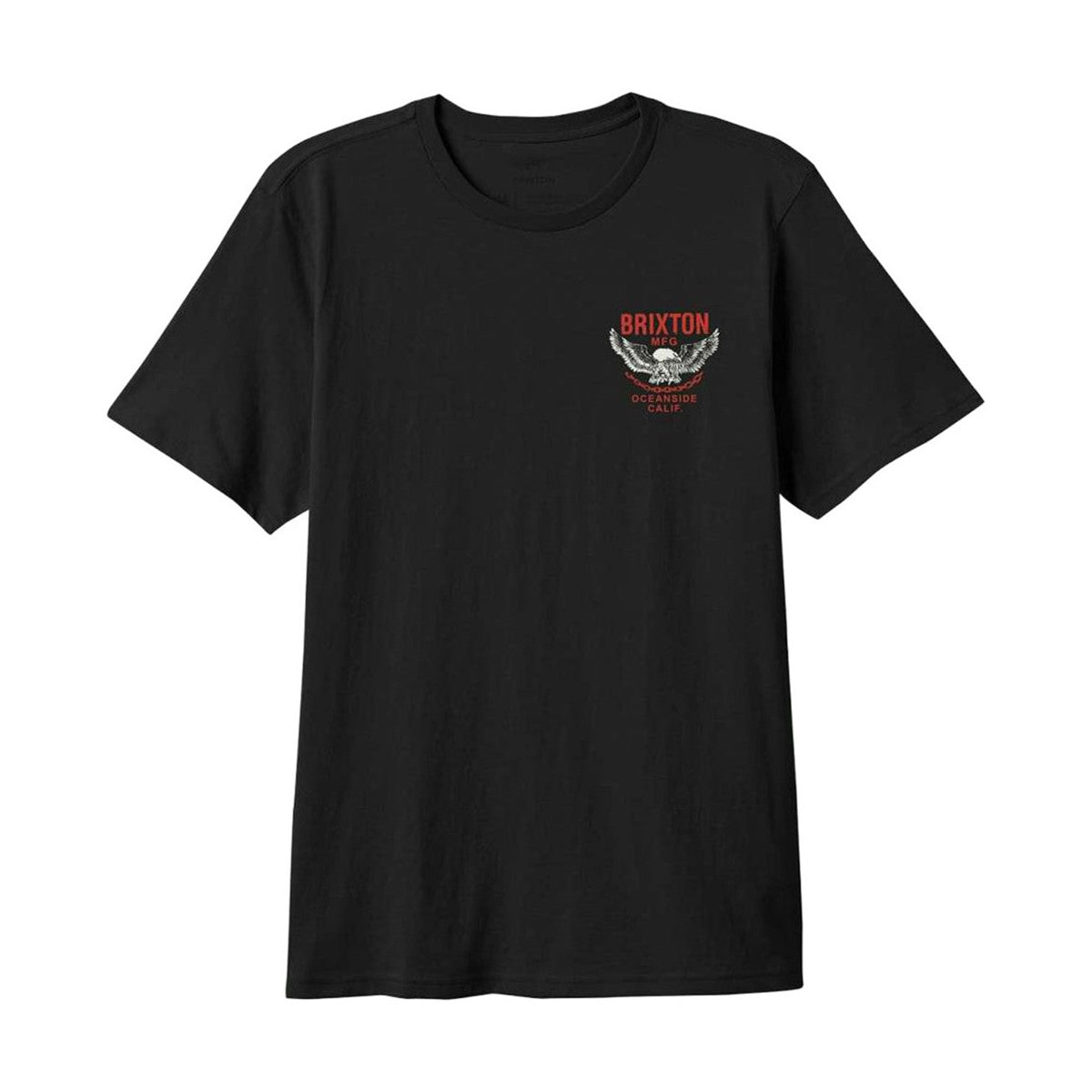 Brixton vintage-style men’s black graphic tee with distressed eagle print on upper left chest, pre-washed for soft lived-in feel, 100% cotton.