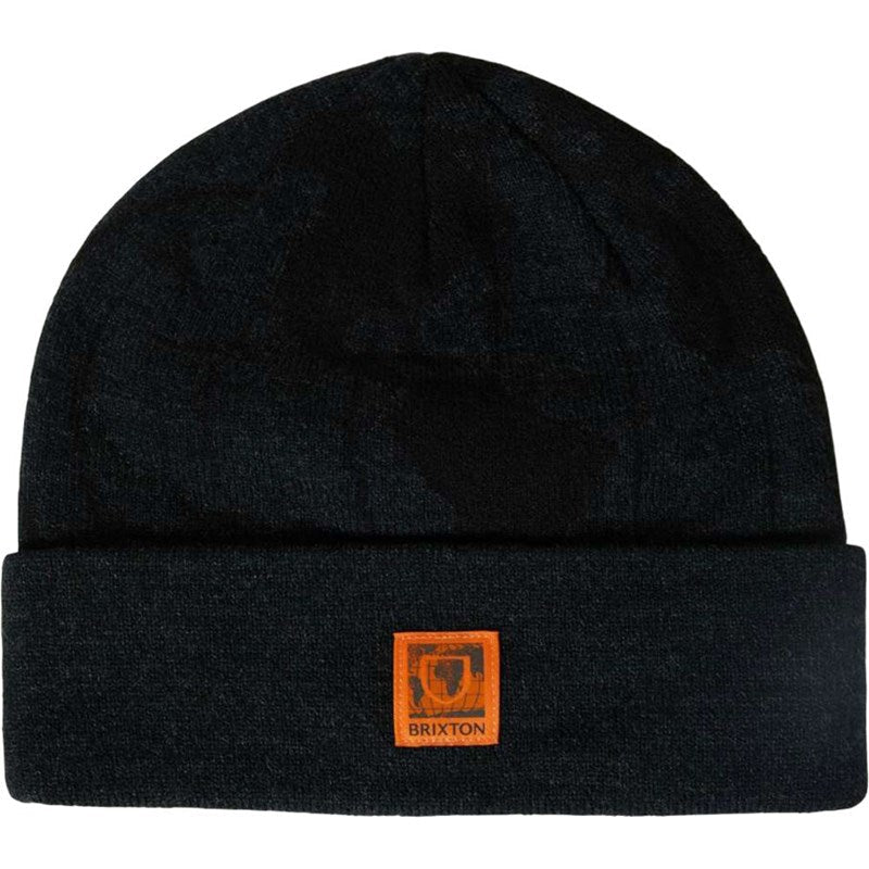 Black Brixton Union Watch Cap Beanie folded flat, tight knit construction, 100% acrylic, cozy winter accessory with cuff detail.