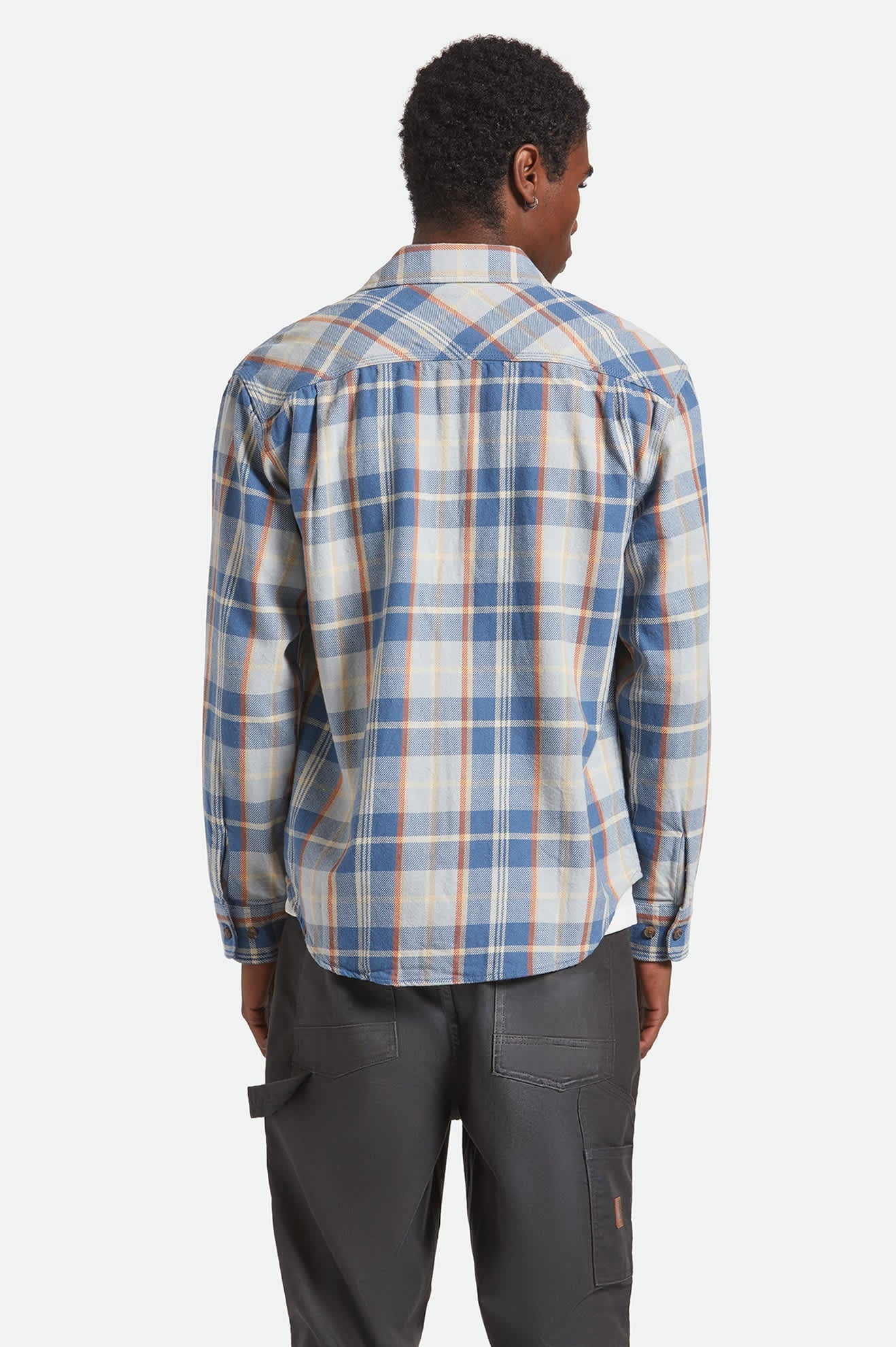 Back view of men’s Brixton Vintage Wash Flannel shirt, relaxed fit, midweight cotton flannel.