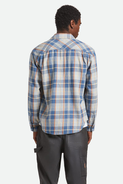 Back view of men’s Brixton Vintage Wash Flannel shirt, relaxed fit, midweight cotton flannel.