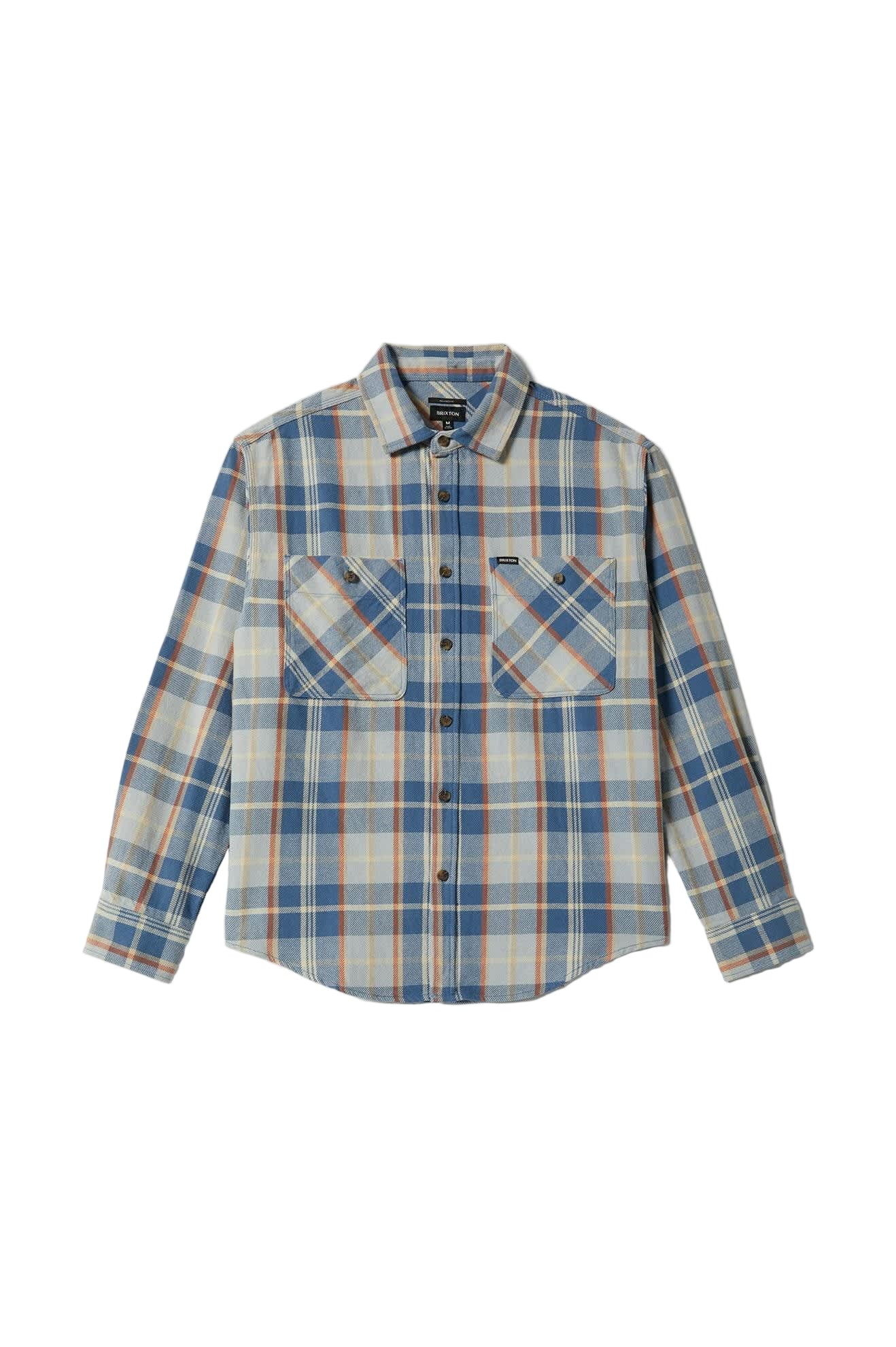 Brixton Vintage Wash Flannel shirt with chest pockets and woven label, 1960s-inspired design, soft washed cotton.