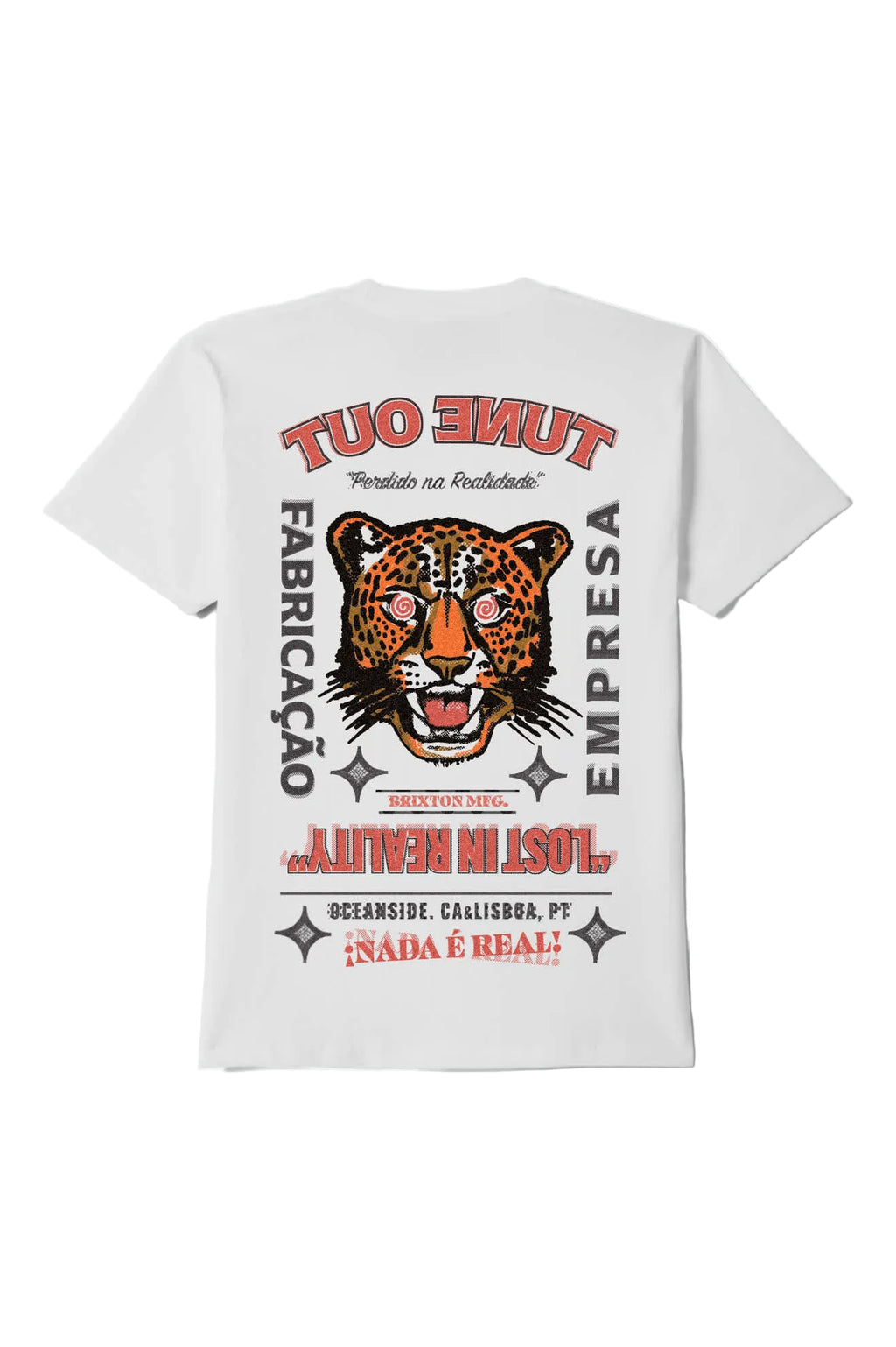 White t-shirt with a graphic design featuring a tiger and text on a white background