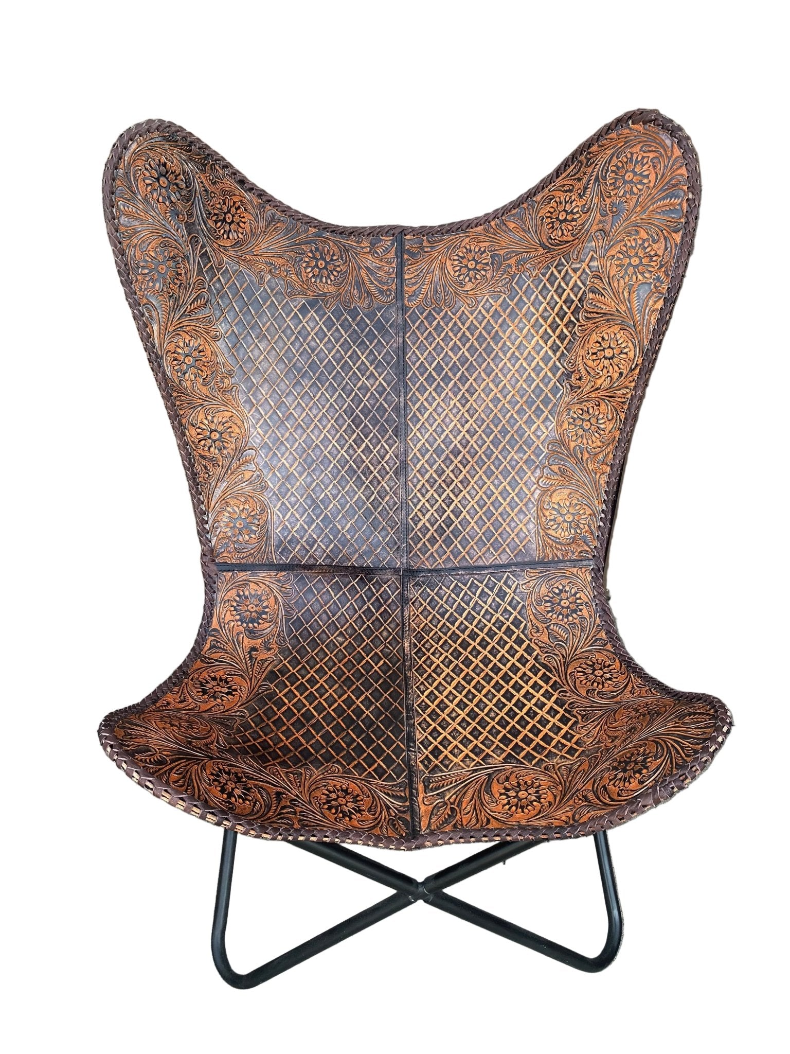 Brown Tooled Leather Butterfly Chair - Paranoid Ranch