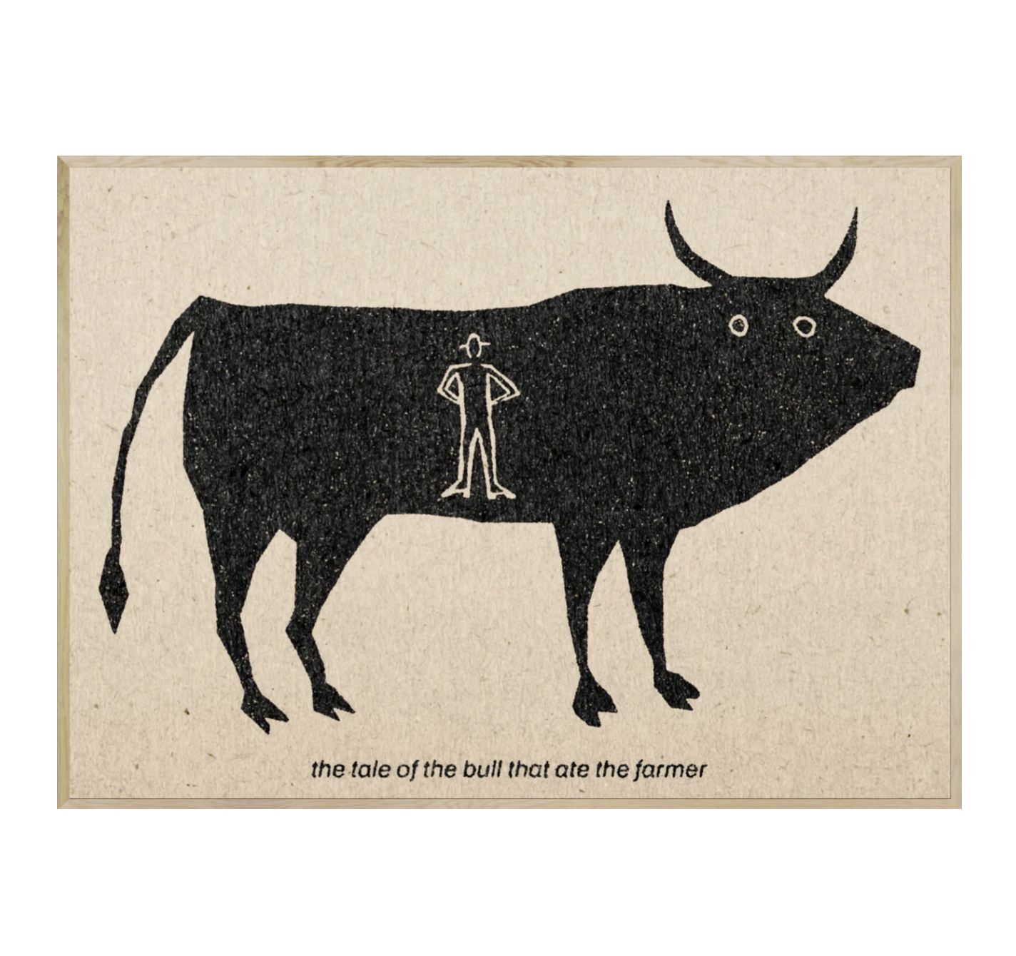 Illustration of a bull with a small figure on its back, set against a beige background.