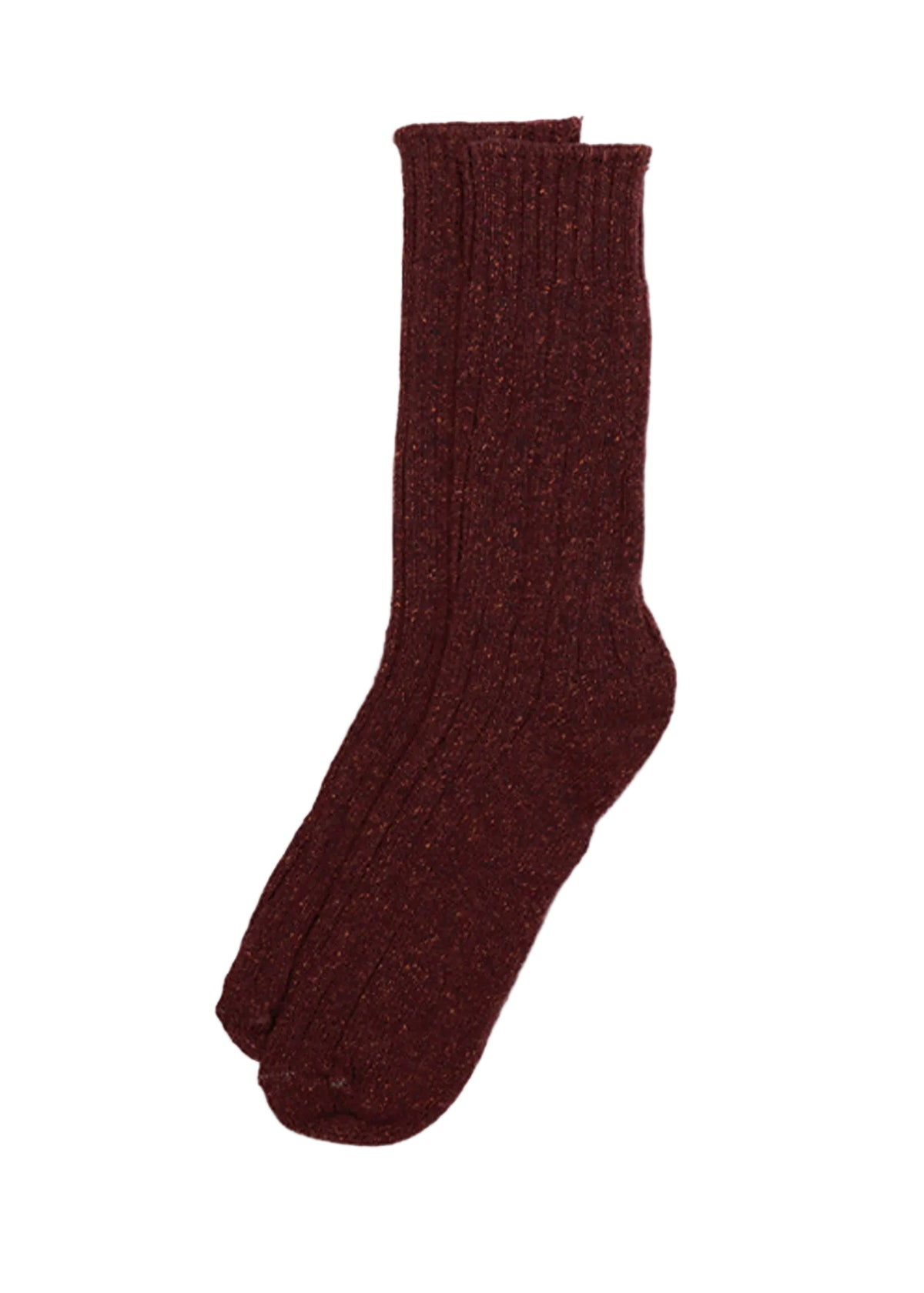A pair of ribbed knit crew socks in a heathered burgundy red color, displayed against a solid light gray background.