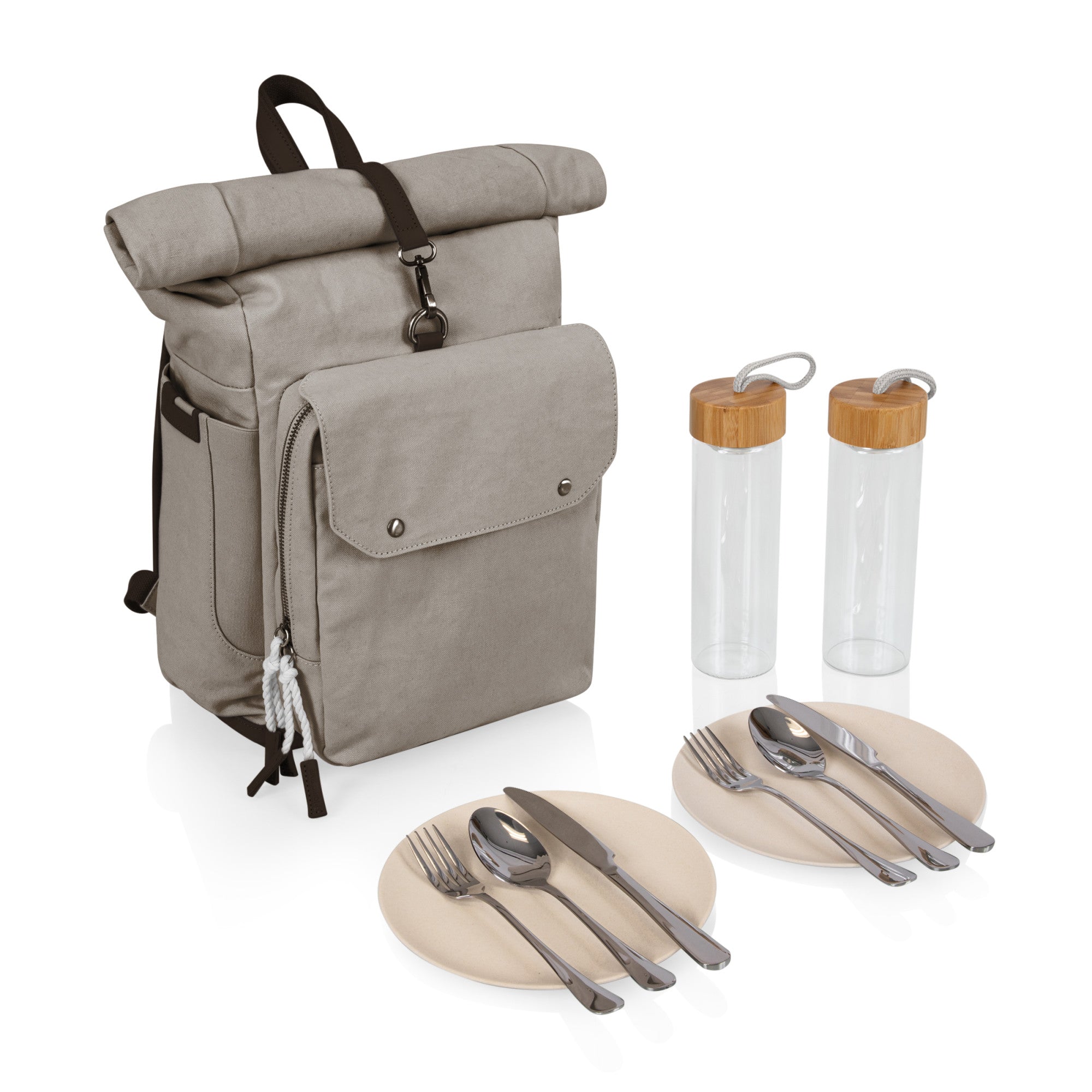 Carmel Roll Top Picnic Backpack Cooler with Utensil Set & Glass Water Bottles - Paranoid Ranch
