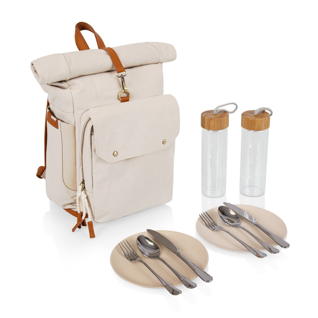Carmel Roll Top Picnic Backpack Cooler with Utensil Set & Glass Water Bottles - Paranoid Ranch