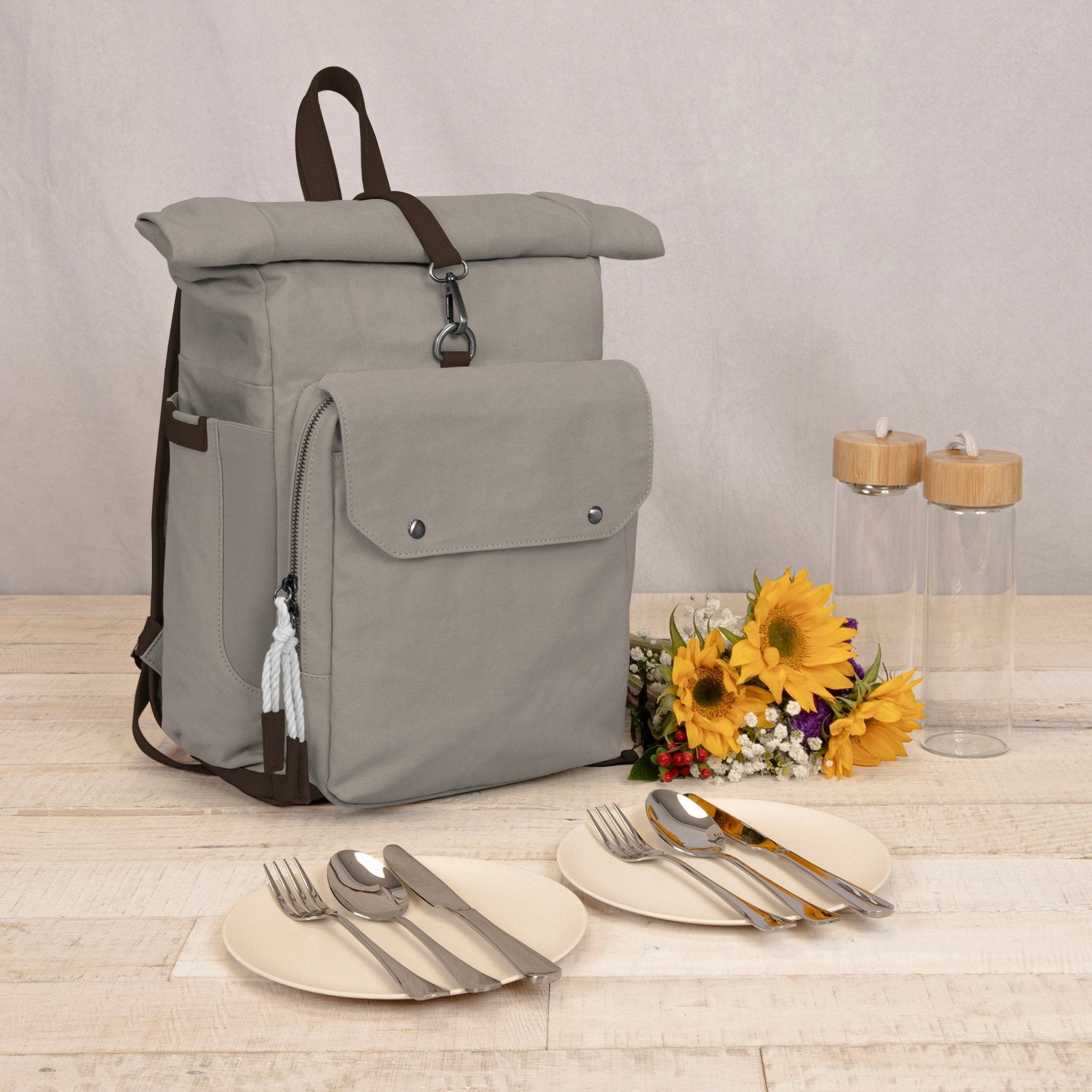 Carmel Roll Top Picnic Backpack Cooler with Utensil Set & Glass Water Bottles - Paranoid Ranch