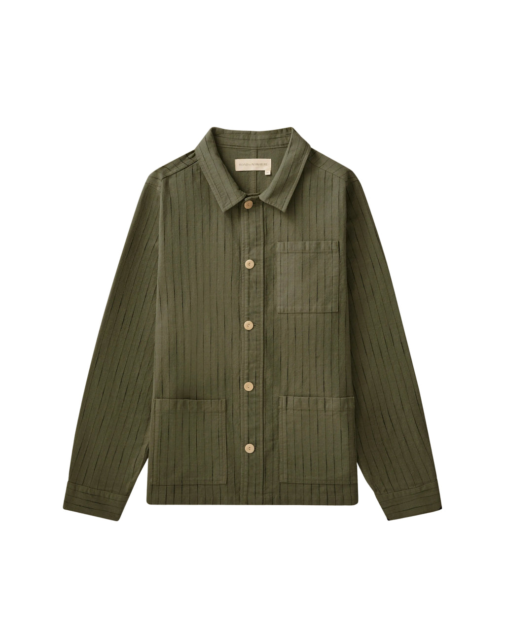 Green jacket with button details on a beige background