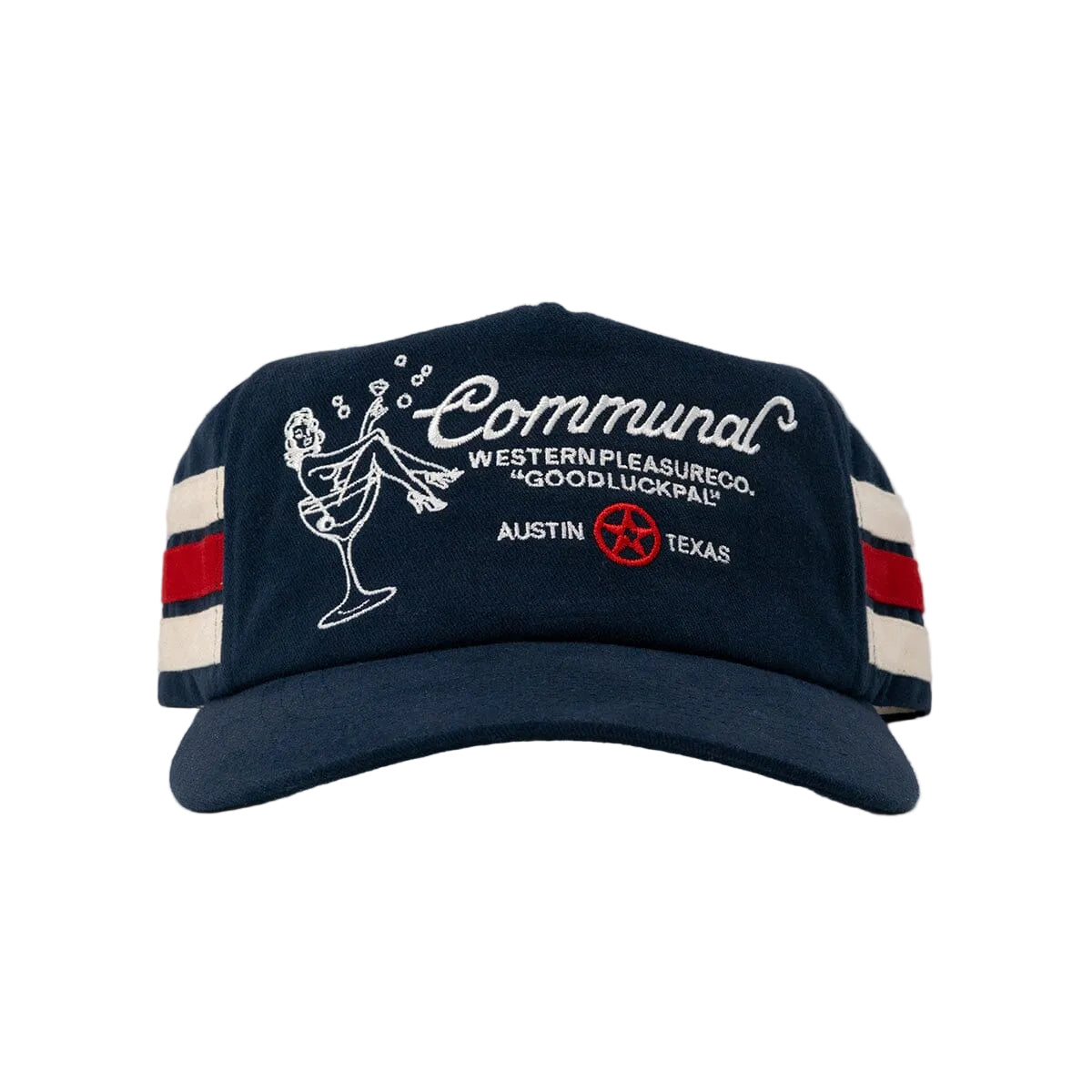 Navy blue cap with white, red, and beige accents on a light gray background