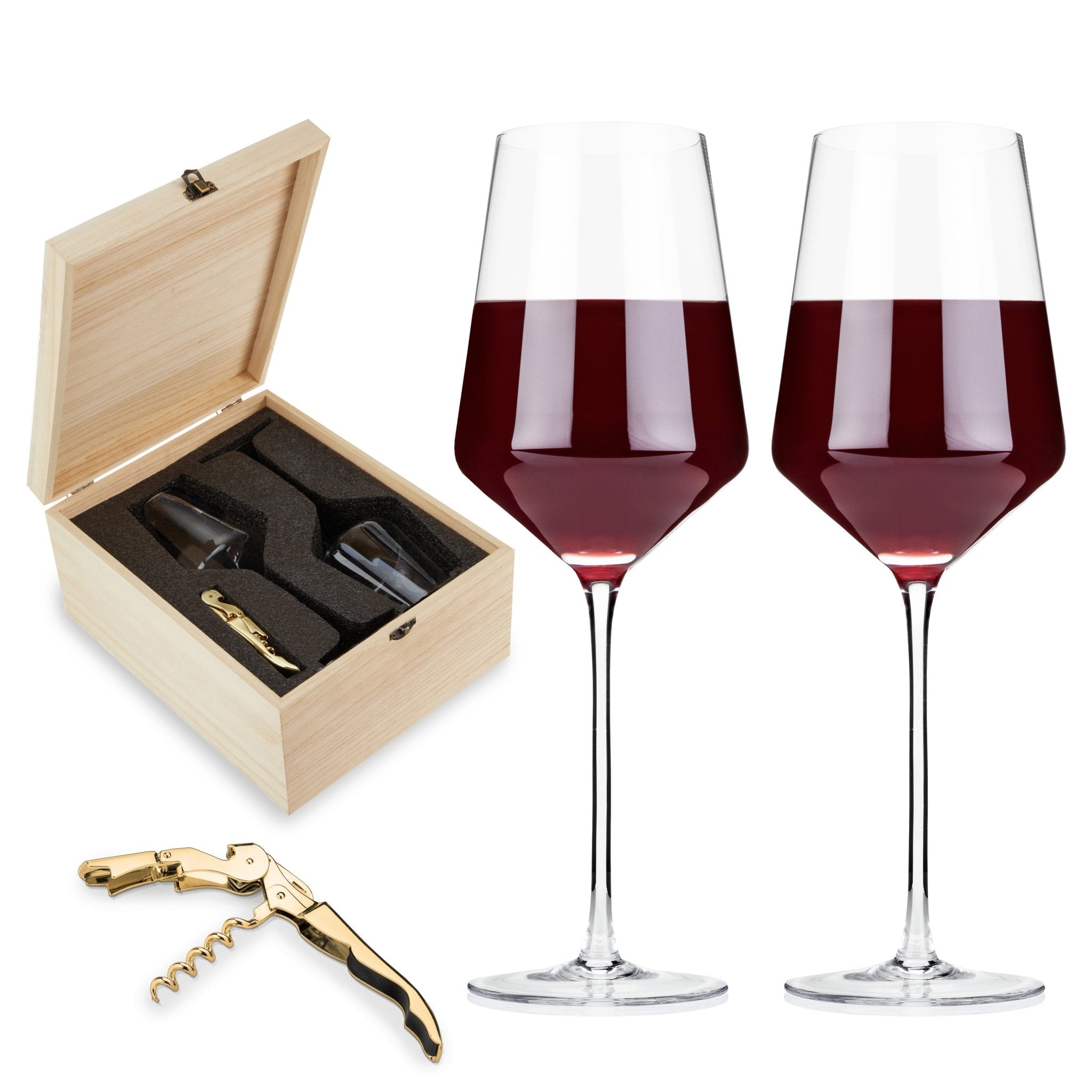 Crystal Bordeaux Glasses & Gold Corkscrew Gift Box Set - Paranoid Ranch