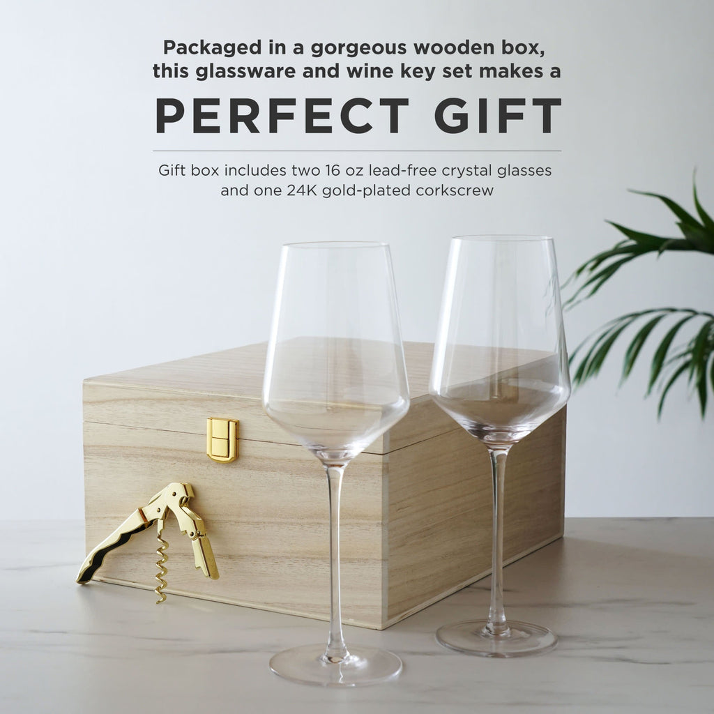 Crystal Bordeaux Glasses & Gold Corkscrew Gift Box Set - Paranoid Ranch