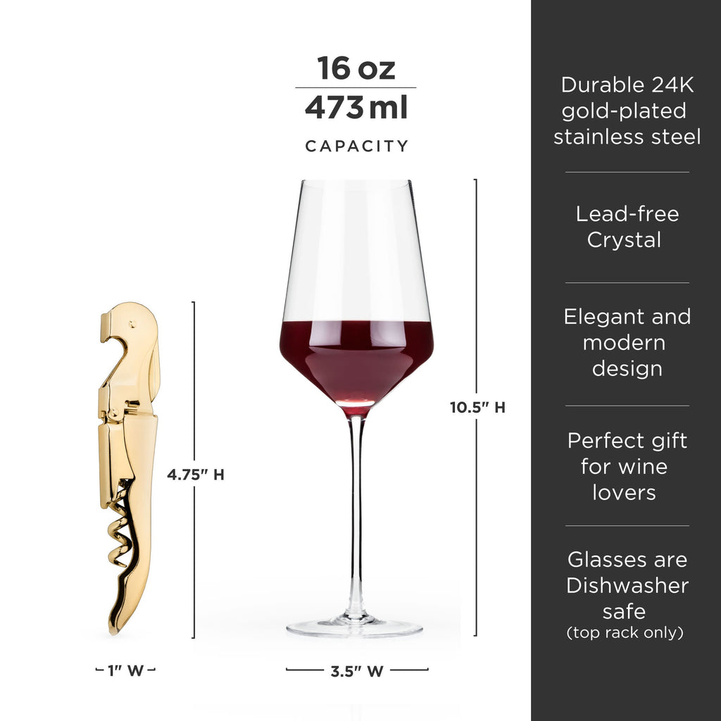Crystal Bordeaux Glasses & Gold Corkscrew Gift Box Set - Paranoid Ranch