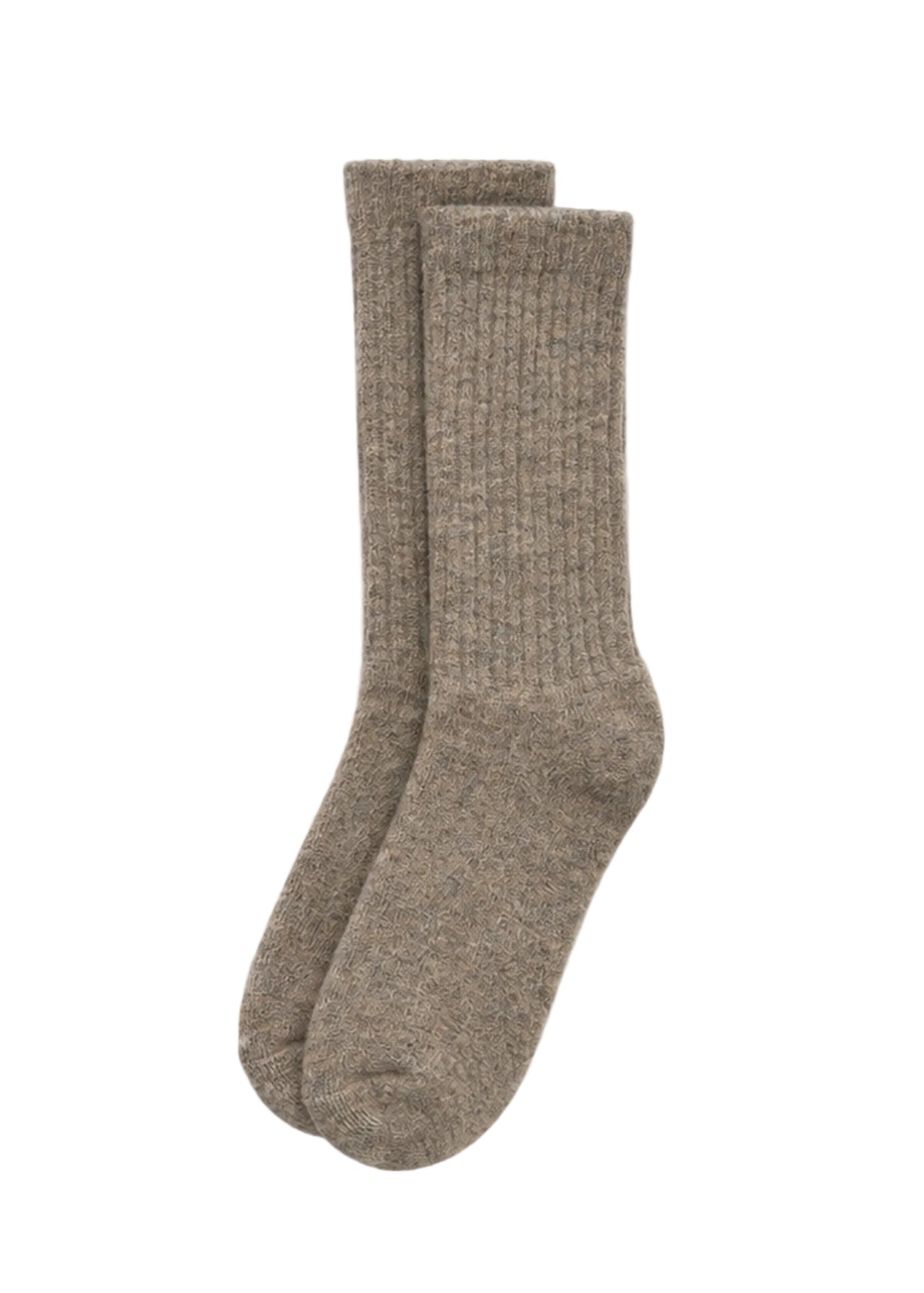 A pair of ribbed crew socks in a heathered taupe-brown color, displayed against a solid light gray background.