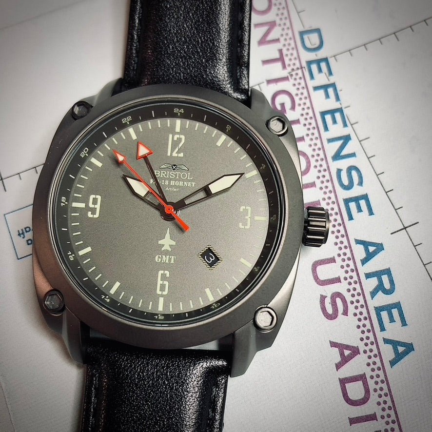 F-18 Hornet Tribute - Gun Metal Finish, Gray Dial, Black Leather Band - Paranoid Ranch